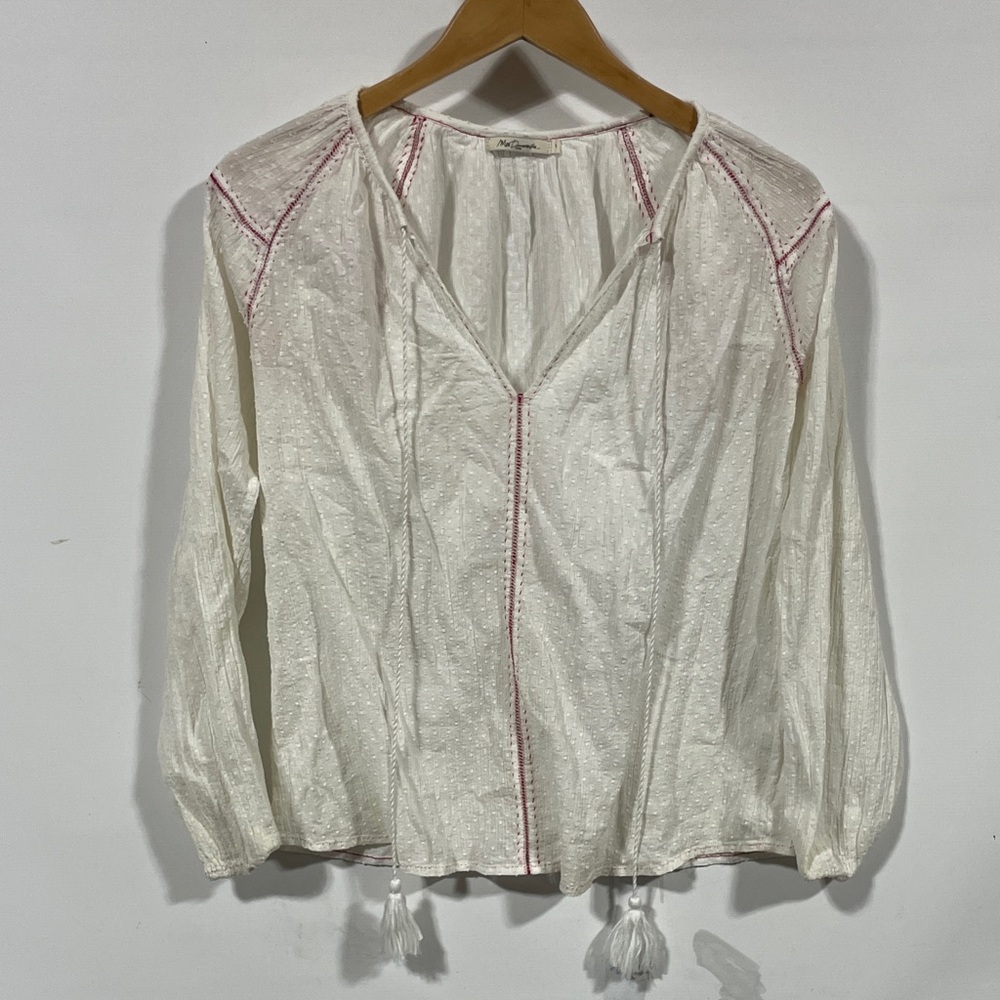 Mes Demoiselles White Peasant Blouse with Pink Trim